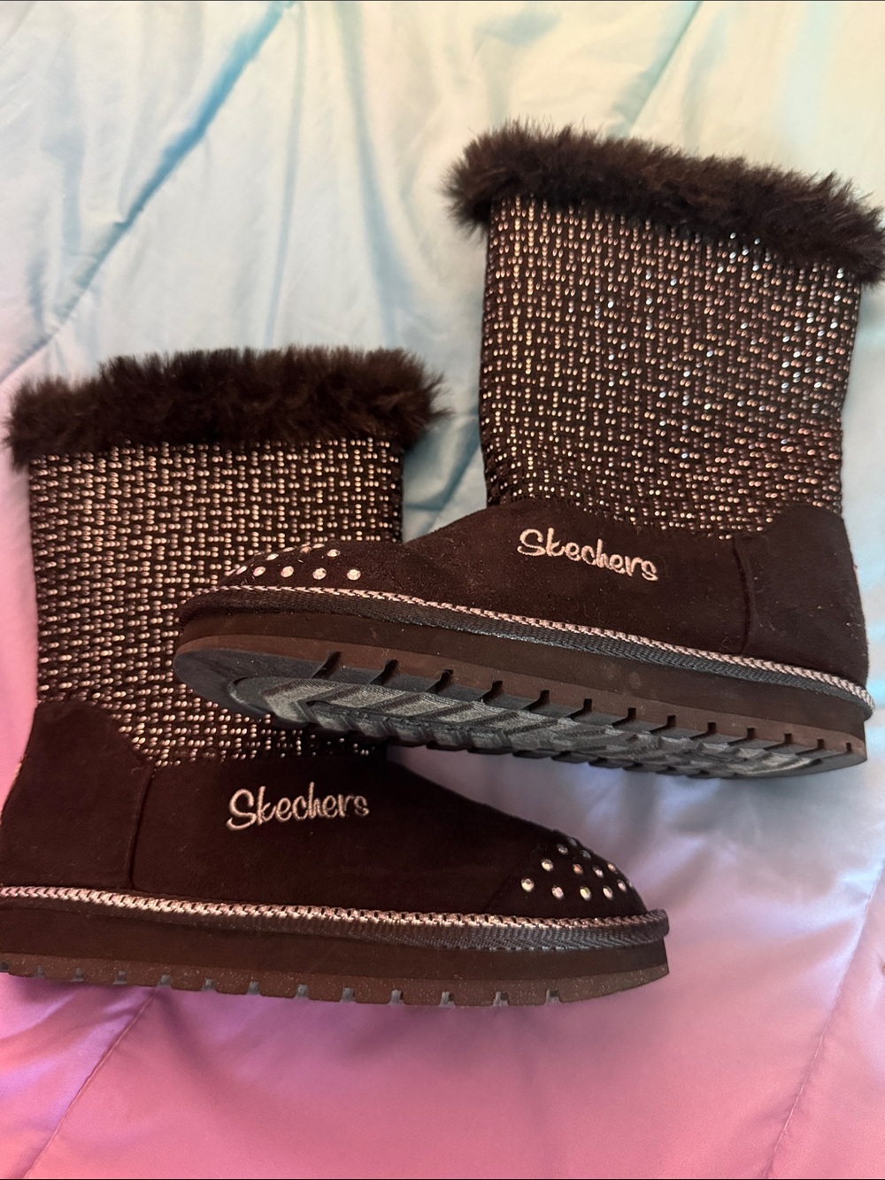 Skechers Black Faux-Fur Trim Studded Knit Winter Boots